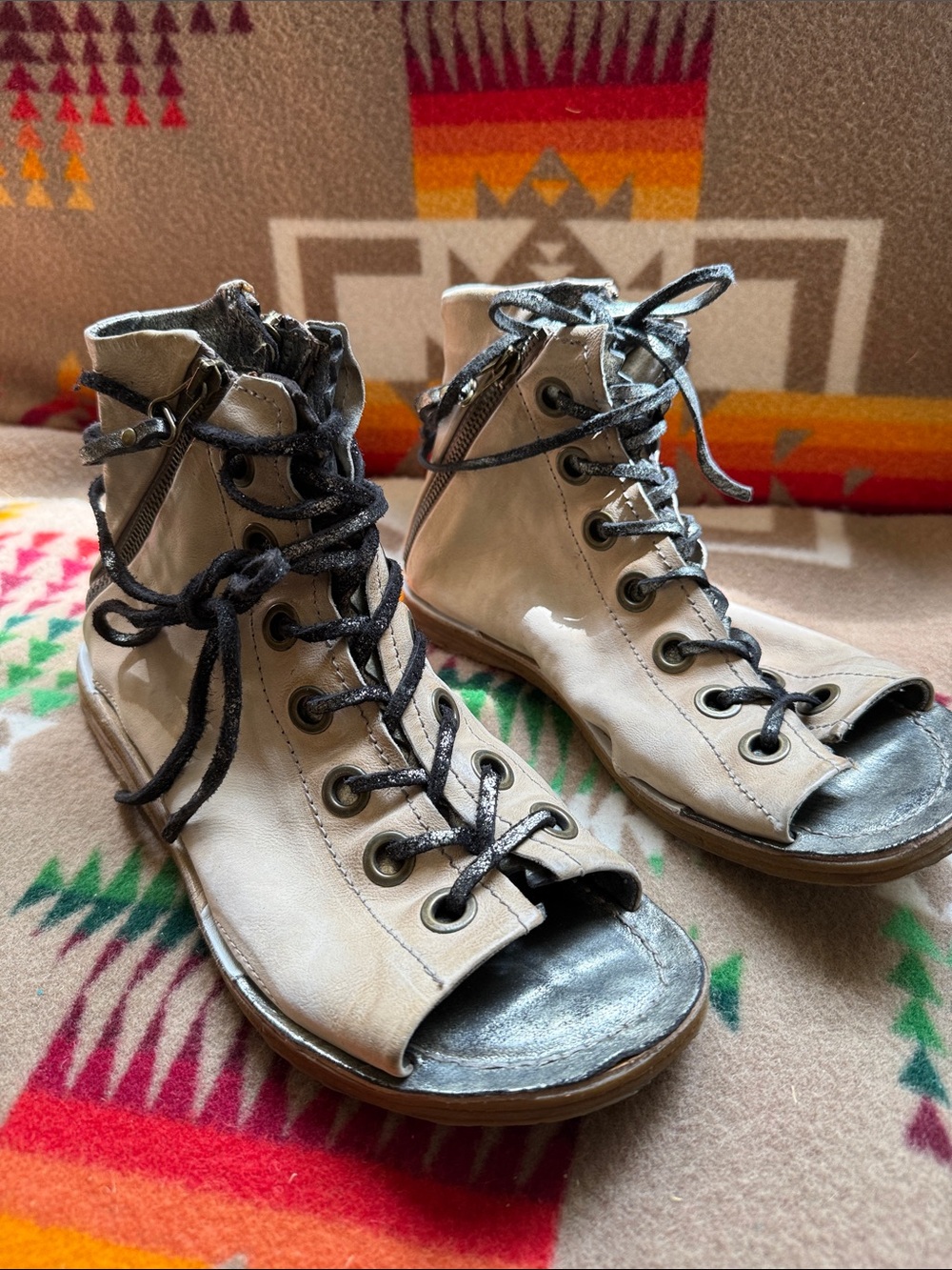 A.S.98 Cream Lace-Up Open-Toe Leather Boots